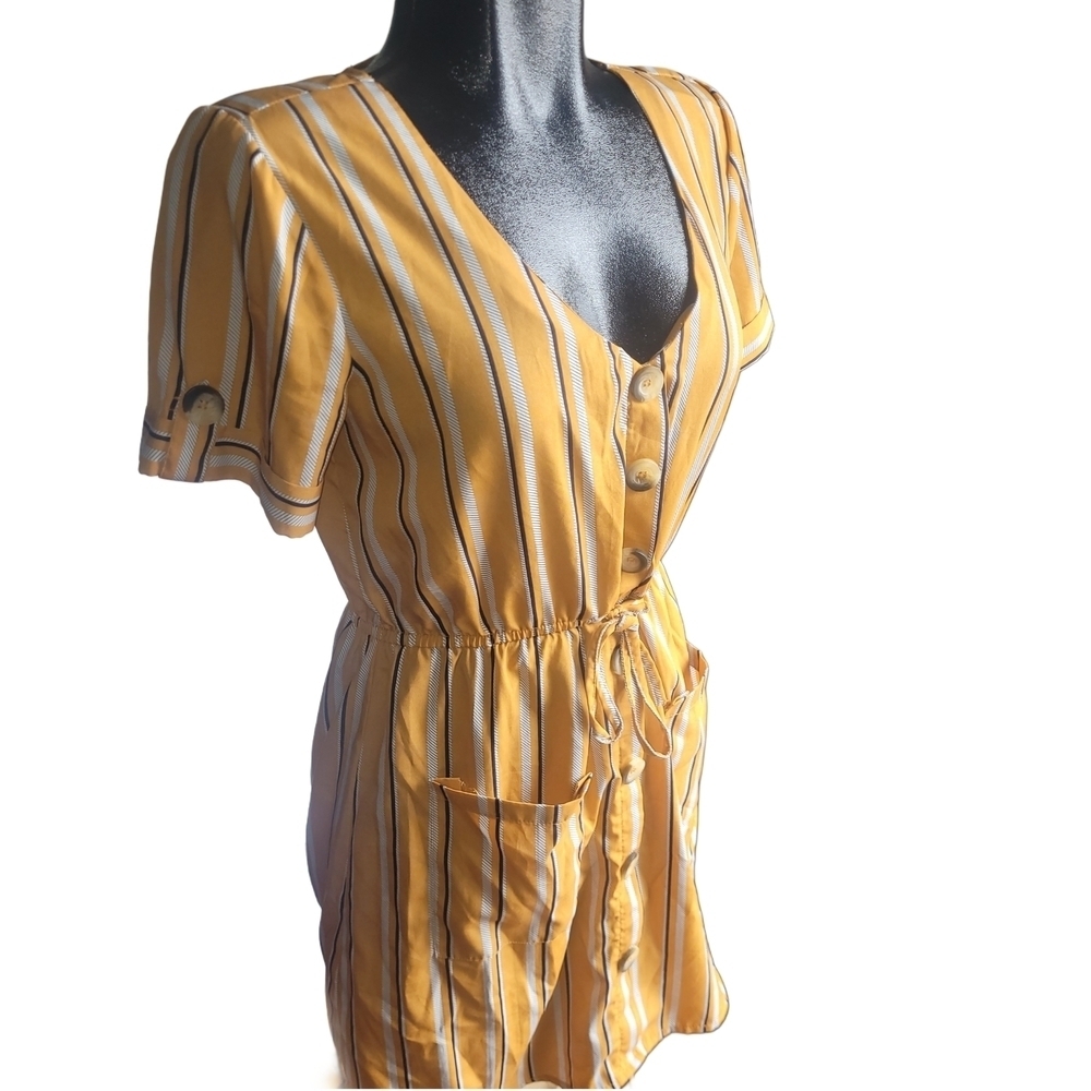 Indulge Yellow Striped Faux Button Short Sleeve Shirt Dress Size M - Picture 3 of 7